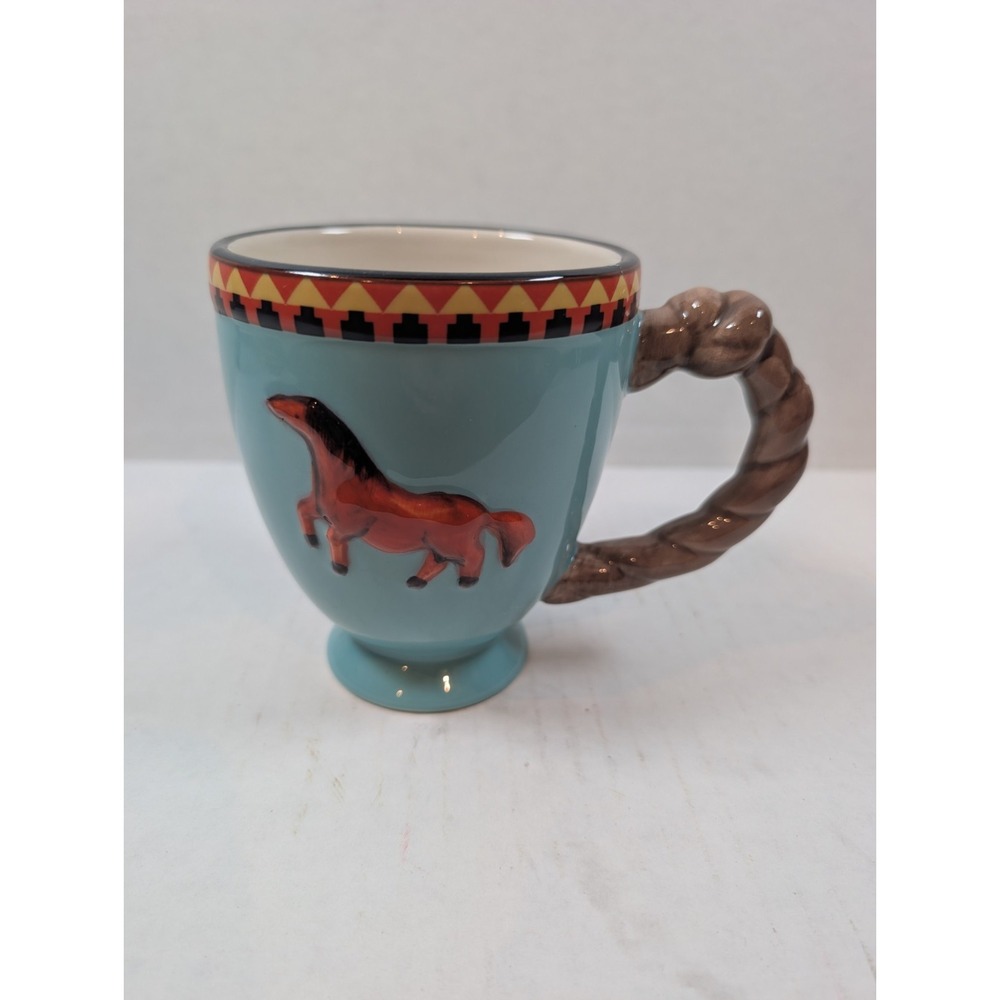 Cracker Barrel Horse Mug Turquoise Southwestern Rope Handle 3D Stoneware 4.5"